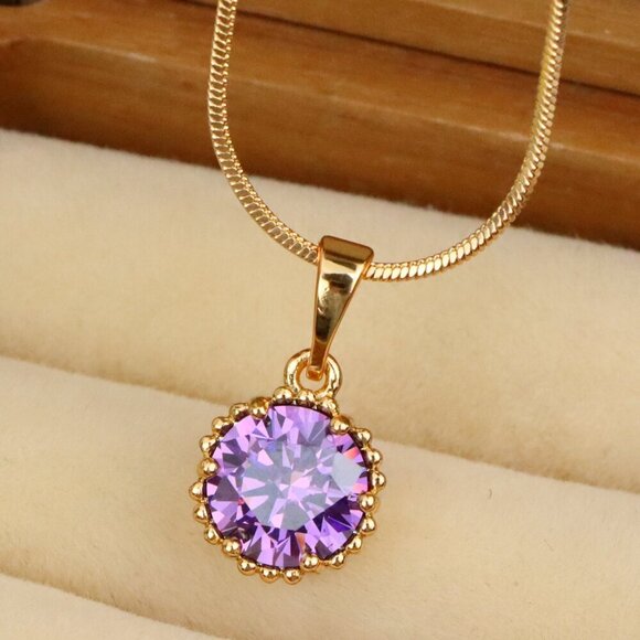 "Rose Gold Pendant with Round Purple Stone and Beaded Frame Accent, XPPT1608 - Picture 1 of 12
